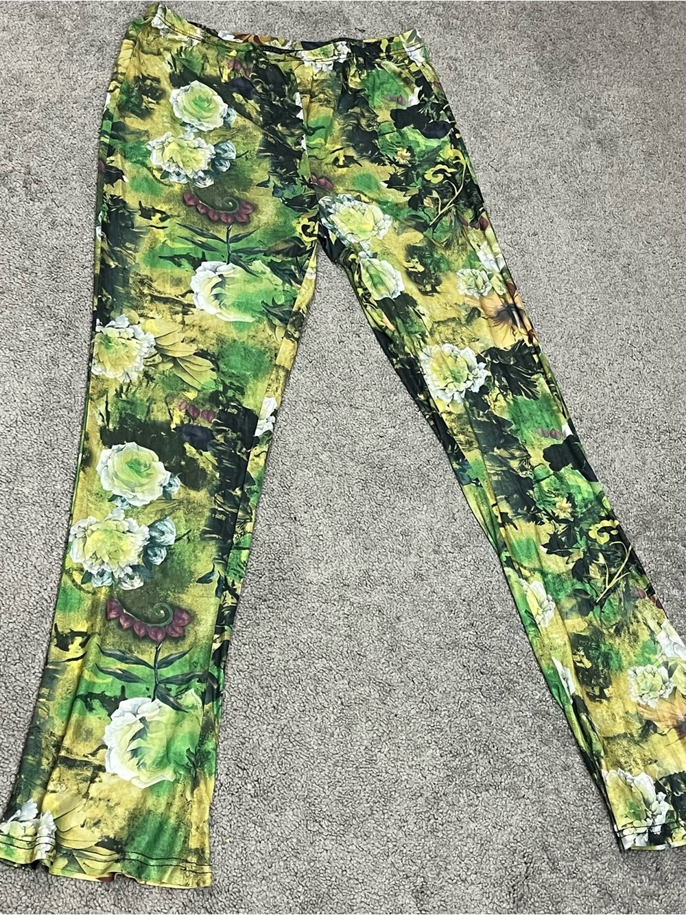 Floral Green Sheer Mesh Women's Stretch flare Pants & Crop Top Set - Picture 2 of 4